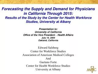 Forecasting the Supply and Demand for Physicians in California Through 2015: