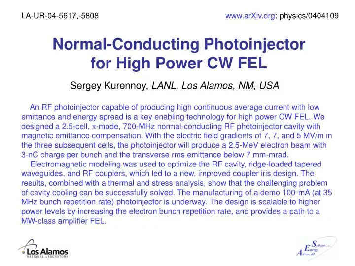 normal conducting photoinjector for high power cw fel