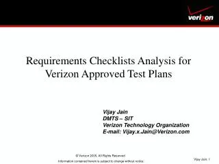 Requirements Checklists Analysis for Verizon Approved Test Plans