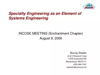 Specialty Engineering as an Element of Systems Engineering