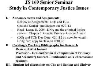 JS 169 Senior Seminar Study in Contemporary Justice Issues