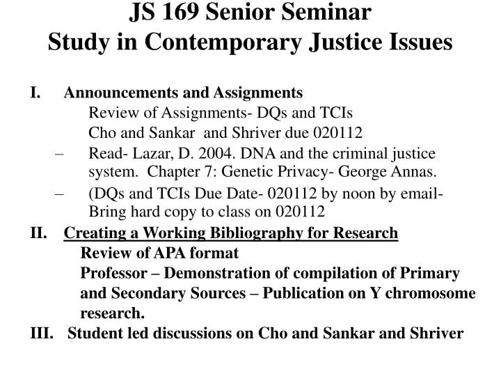 js 169 senior seminar study in contemporary justice issues