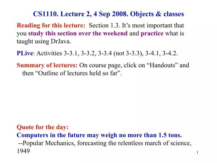 cs1110 lecture 2 4 sep 2008 objects classes