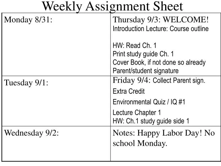 weekly assignment sheet