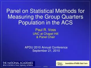 Panel on Statistical Methods for Measuring the Group Quarters Population in the ACS