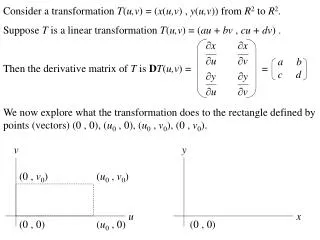 Consider a transformation T ( u,v ) = ( x ( u,v ) , y ( u,v )) from R 2 to R 2 .