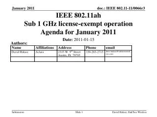 ieee 802 11ah sub 1 ghz license exempt operation agenda for january 2011