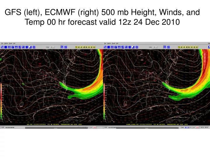 gfs left ecmwf right 500 mb height winds and temp 00 hr forecast valid 12z 24 dec 2010