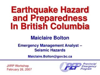 Earthquake Hazard and Preparedness In British Columbia