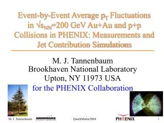 M. J. Tannenbaum Brookhaven National Laboratory Upton, NY 11973 USA for the PHENIX Collaboration