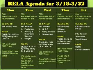 RELA Agenda for 3/18-3/22