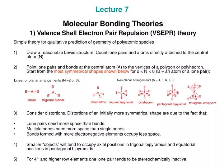 lecture 7 molecular bonding theories 1 valence shell electron pair repulsion vsepr theory