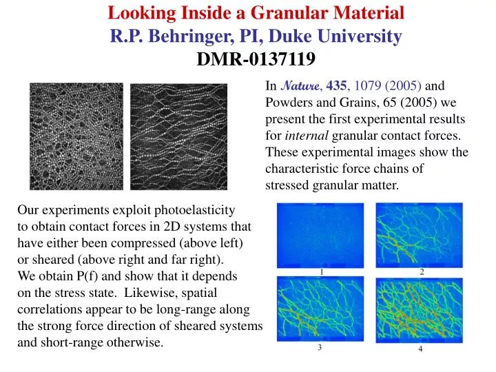 looking inside a granular material r p behringer pi duke university dmr 0137119