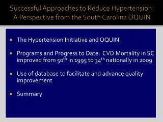 Successful Approaches to Reduce Hypertension: A Perspective from the South Carolina OQUIN