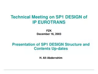 Technical Meeting on SP1 DESIGN of IP EUROTRANS FZK December 16, 2003