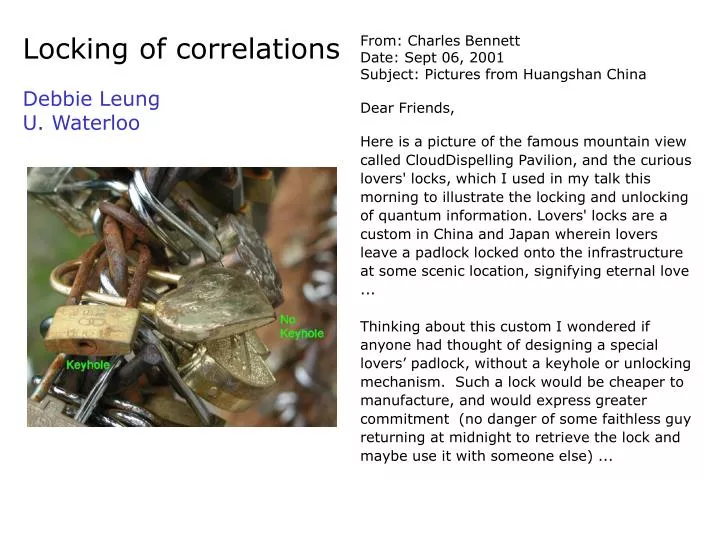 locking of correlations debbie leung u waterloo