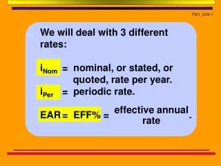 We will deal with 3 different rates: i Nom 	= nominal, or stated, or 	 quoted, rate per year.