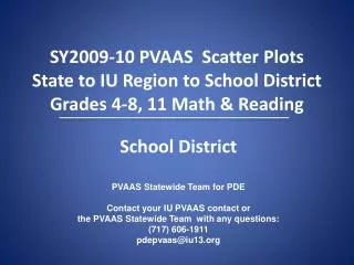 SY2009-10 PVAAS Scatter Plots State to IU Region to School District Grades 4-8, 11 Math &amp; Reading