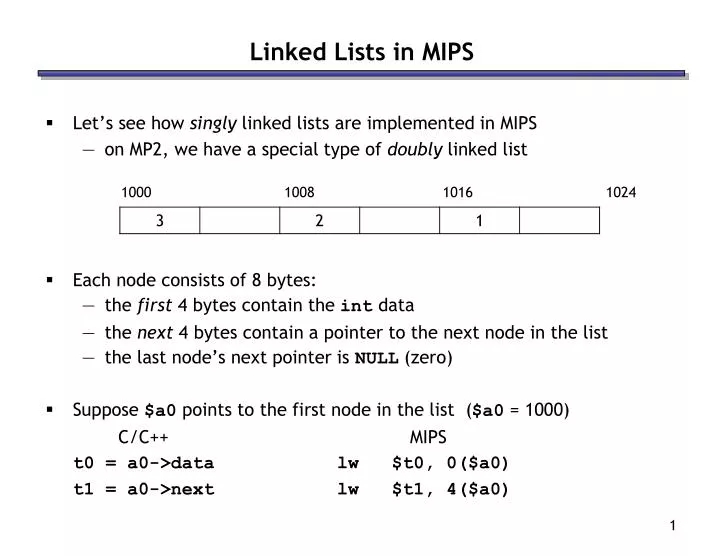 linked lists in mips