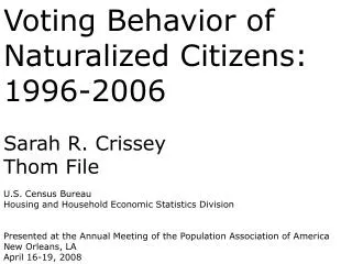 Voting Behavior of Naturalized Citizens: 1996-2006 Sarah R. Crissey Thom File U.S. Census Bureau
