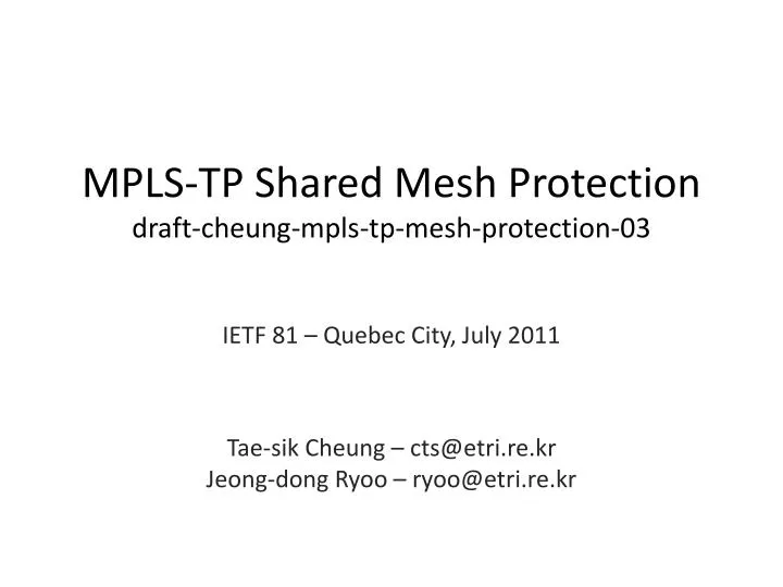 mpls tp shared mesh protection draft cheung mpls tp mesh protection 03