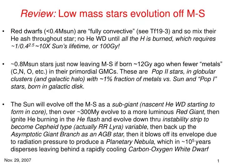 review low mass stars evolution off m s