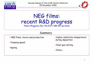 NEG films: recent R&amp;D progress Paolo Chiggiato (for the EST-SM-DA section)