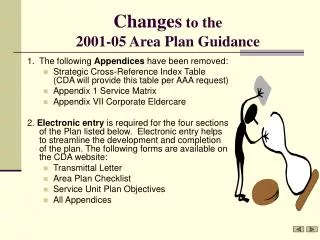 Changes to the 2001-05 Area Plan Guidance
