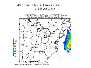 SREF Threat (in %) of 24-h pcp &gt; 25.4 mm 		24/03z Valid 27/15z