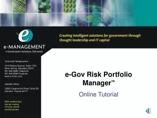 e-Gov Risk Portfolio Manager TM Online Tutorial