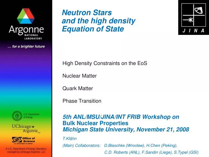 neutron stars and the high density equation of state