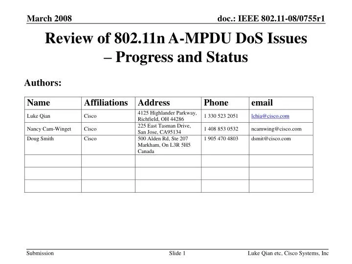 review of 802 11n a mpdu dos issues progress and status