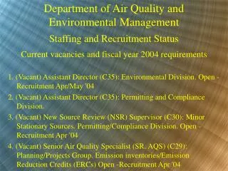 Department of Air Quality and Environmental Management Staffing and Recruitment Status