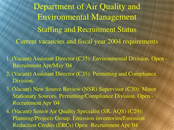 department of air quality and environmental management staffing and recruitment status