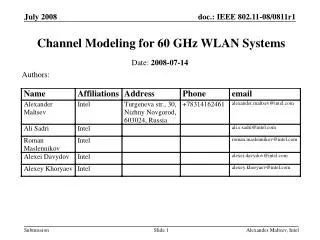 Channel Modeling for 60 GHz WLAN Systems