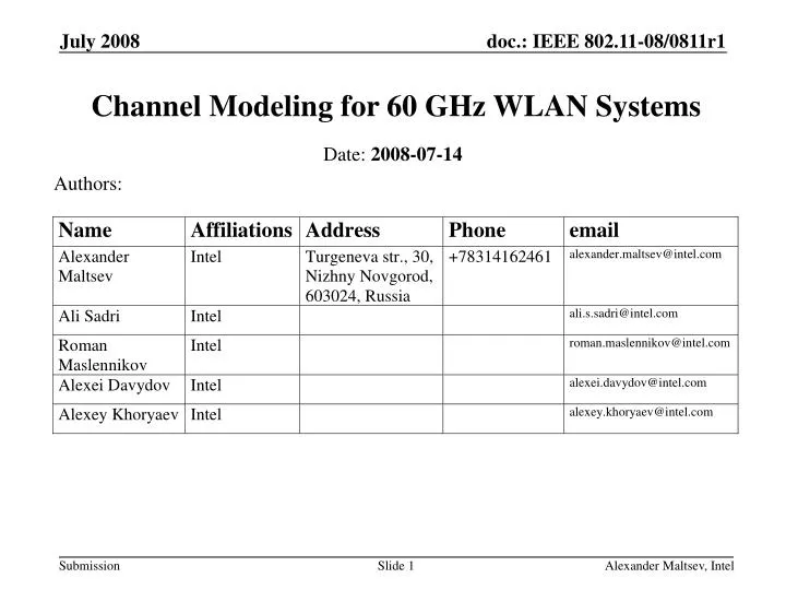 channel modeling for 60 ghz wlan systems