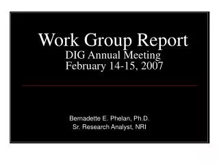 Work Group Report DIG Annual Meeting February 14-15, 2007