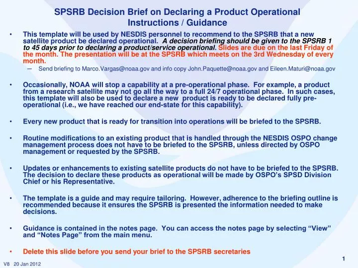 spsrb decision brief on declaring a product operational instructions guidance