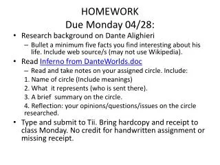 HOMEWORK Due Monday 04/28: