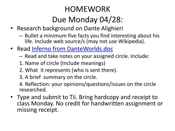homework due monday 04 28