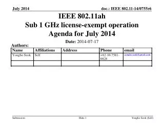 IEEE 802.11ah Sub 1 GHz license-exempt operation Agenda for July 2014