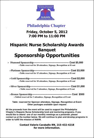 Friday, October 5 , 2012 7:00 PM to 11:00 PM Hispanic Nurse Scholarship Awards Banquet