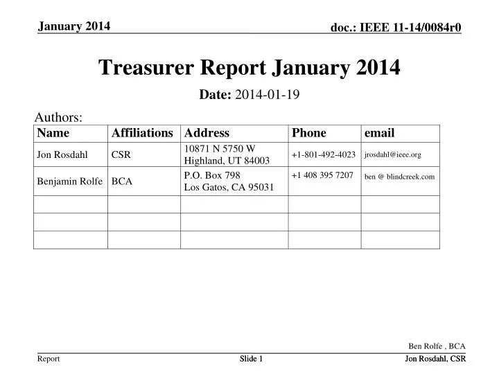 treasurer report january 2014