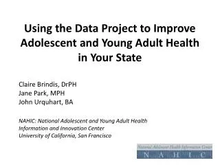 Using the Data Project to Improve Adolescent and Young Adult Health in Your State