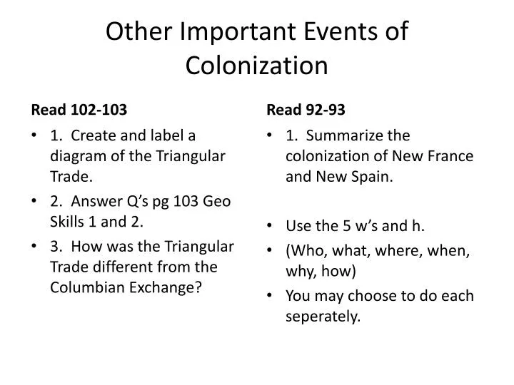 other important events of colonization