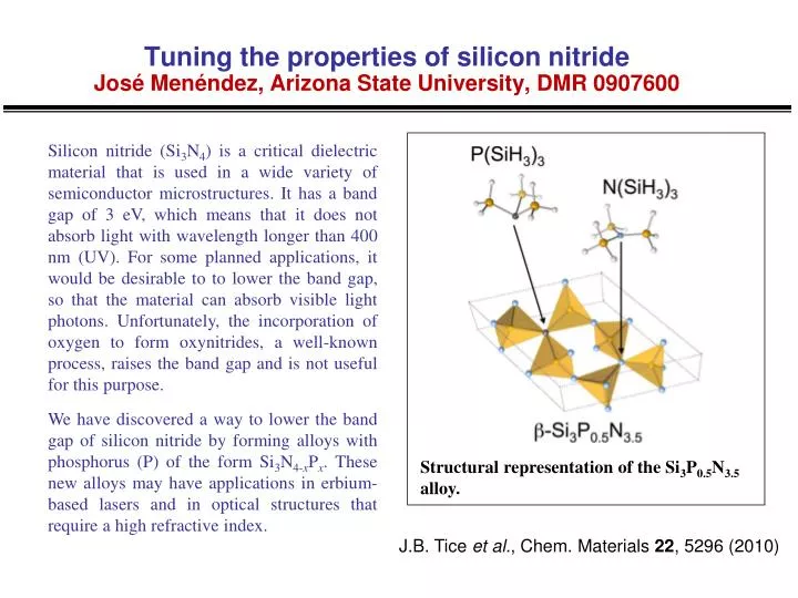 tuning the properties of silicon nitride jos men ndez arizona state university dmr 0907600