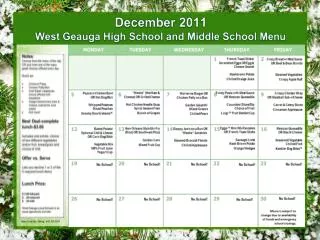 December 2011 West Geauga High School and Middle School Menu