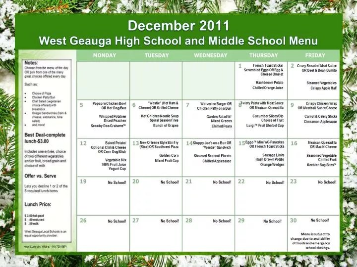 december 2011 west geauga high school and middle school menu