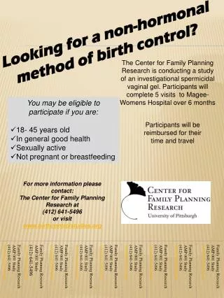 Family Planning Research AMP 001 Study (412) 641-5496 birthcontrolstudies
