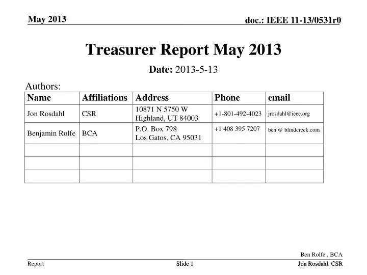 treasurer report may 2013